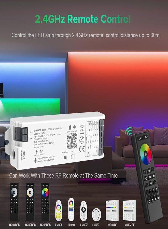 BTF-LIGHTING وحدة تحكم إضاءة LED من BTF-LIGHTING، 5 في 1، WB5، بتردد 2.4 جيجاهرتز، تعمل بتقنية واي فاي PWM، متوافقة مع Alexa وGoogle Home وSmart Life وتطبيق Tuya الذكي للتحكم في شدة إضاءة شرائط LED بألوان CCT وRGBW وRGBCCT. تعمل مع شرائط WR01RF وWR02RF وغيرها. - Image 4